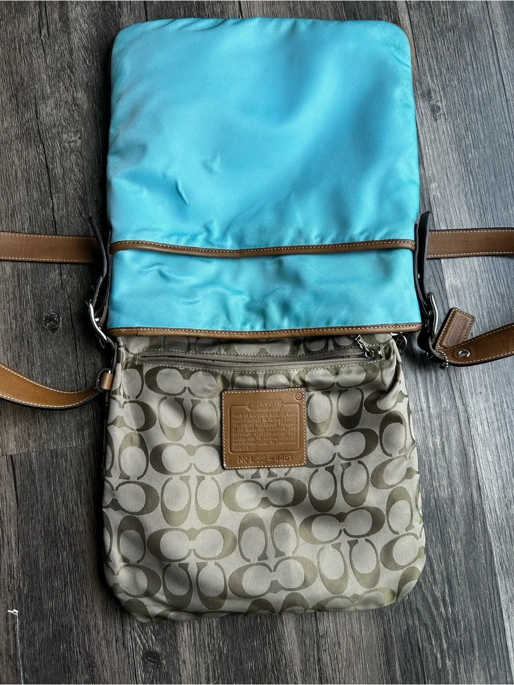Coach Vintage File Turquoise Crossbody Bag with Tan Trim very Rare 2003